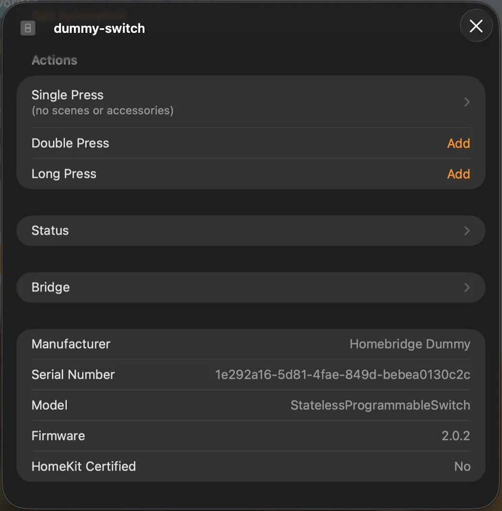 Apple Home provides a settings panel for the Homebridge virtual switch, including actions that can be run on single press, double press, and long press.
